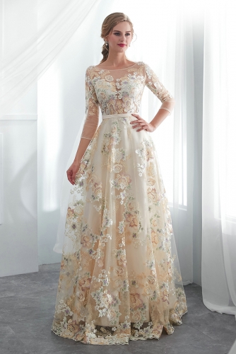 Multi-Coloured Embroidery Lace Long Sleeves Wedding Dress