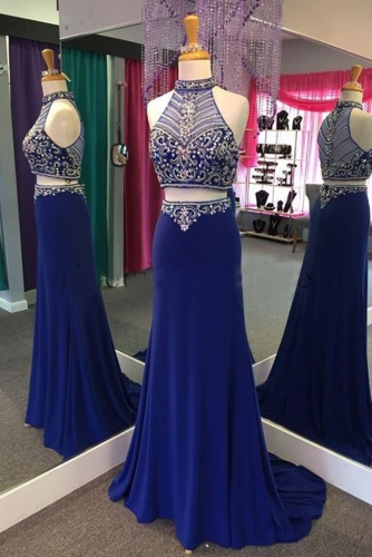 Beaded Two Pieces Style Stretchable Prom Dresses