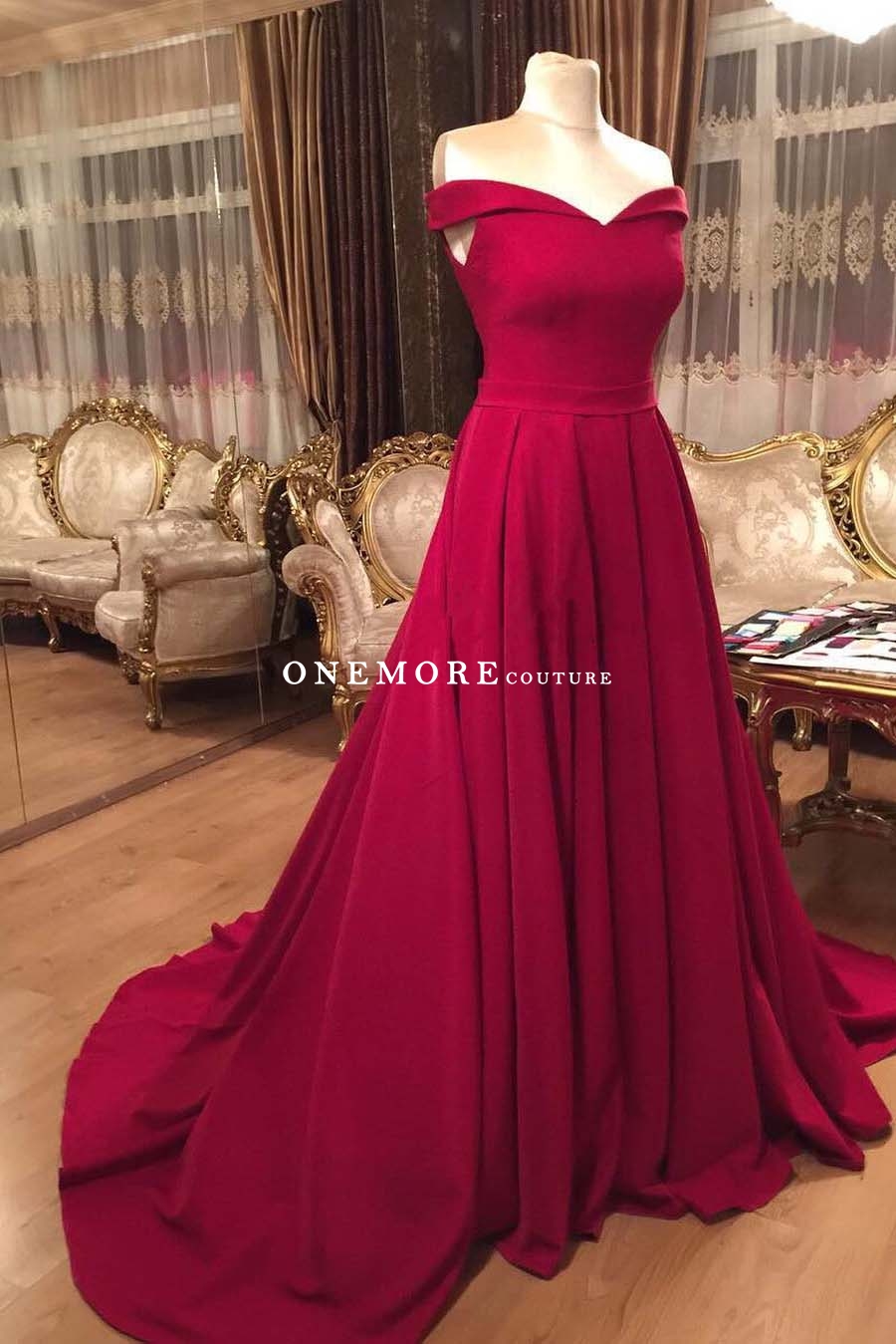 Dark red off hotsell the shoulder prom dress