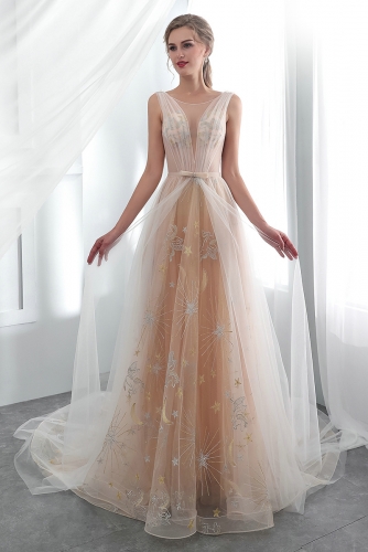 Champagne Embroidery Lace Wedding Dress with Open Back