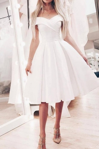 white satin off the shoulder dress