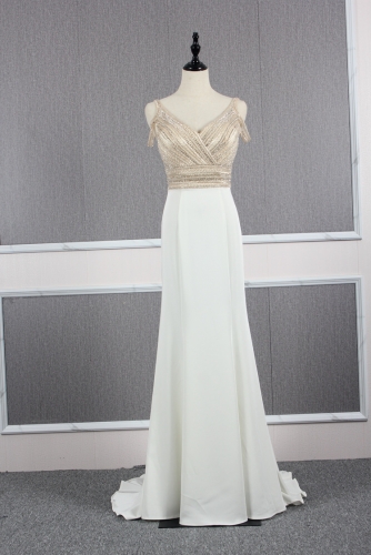 V Neckline Ivory Dress with Beaded Off Shoulder Bodice
