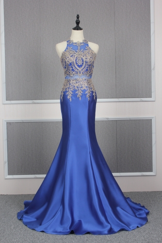 Sexy Royal Blue Mermaid Mikado Dress with Gold Appliques