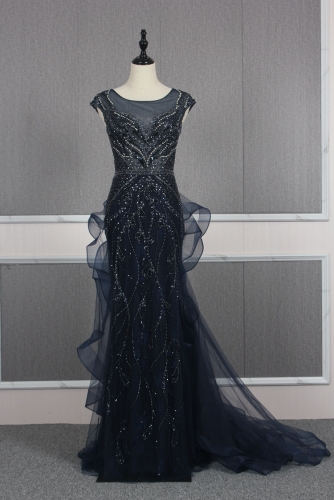 Navy Blue Heavily Beaded Mermaid Pageant Dress with Sleeves