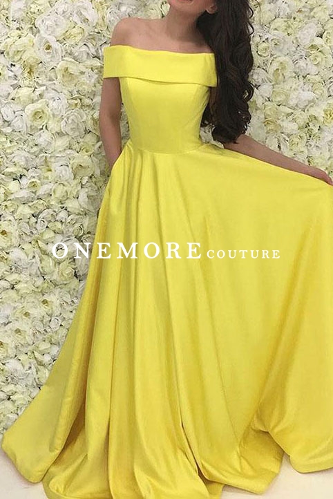 yellow off shoulder prom dress