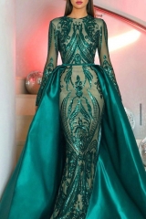 Emerald Green Long Sleeves Sequin Dresses with Overskirt