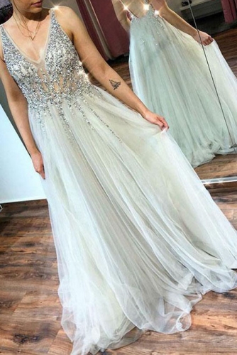 Beaded Silver Grey Long Prom Dress with Illusion Top