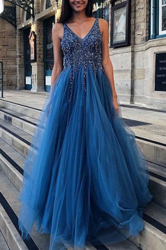 Beaded Royal Blue Long Prom Dress with Illusion Top