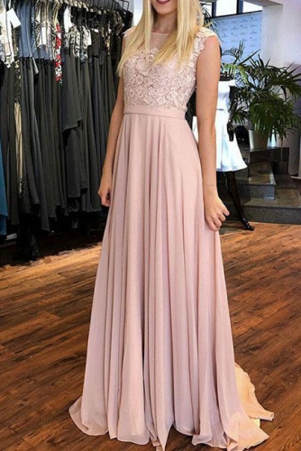 Dusty Pink Chiffon Prom Dress with Lace Bodice