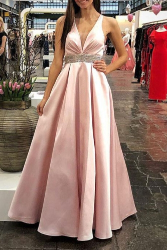 Blush Pink Satin Prom Dress with Sexy Beaded Bodice