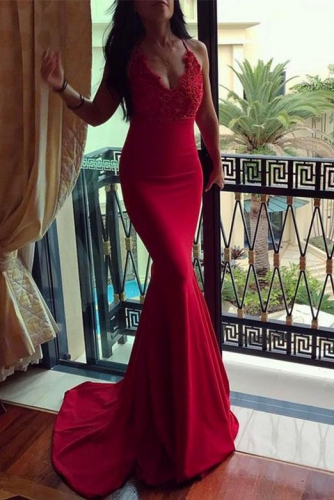 Red Long Mermaid Prom Dress with Lace Top