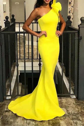 One Shoulder Bright Yellow Mermaid Prom Dresses