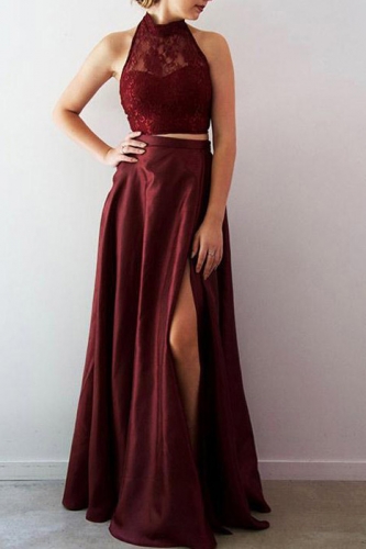 Burgundy Two Pieces Style Prom Dress with Lace Top