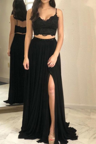 Black Two Pieces Chiffon Prom Dress with Lace Top