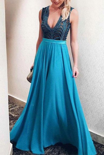 Sexy Teal Blue Prom Dress with Beaded Bodice