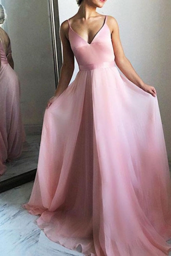 A Line Light Pink V Neck Chiffon Prom Dress