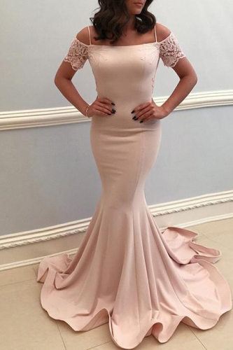 Blush Color Mermaid Prom Dress with Short Lace Sleeves