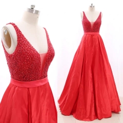 A Line Fully Beaded Red Dress with Plunge V Neck