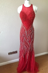 Fully Beaded Red Mermaid Dress with Illusion Neck