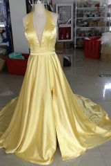 Bright Yellow Halter Neck Long Prom Dress with Train