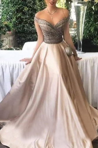 Blush Pink Off Shoulder Long Prom Dress with Beaded Top