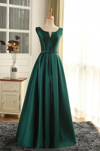 Long A Line Emerald Green Satin Prom Dress