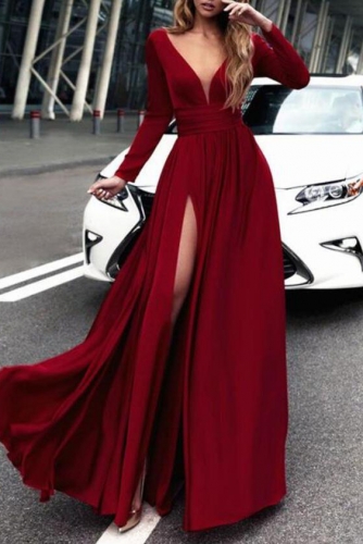 Long Dark Red Sexy V Neck Prom Dress with Slit