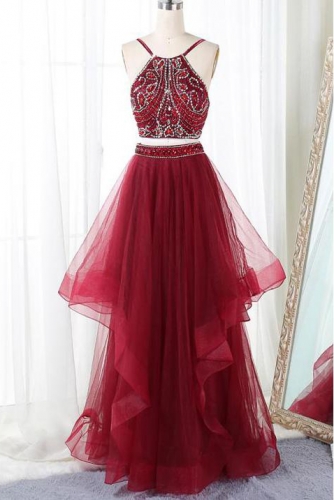 Two Pieces Style Beaded Dark Red Long Prom Dress