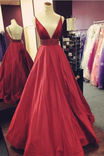 Sexy Low V Neck Red Ball Gown Prom Dress with Beading