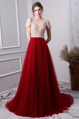 Dark Red Long Tulle Prom Dress with Beaded Top