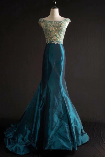 Teal Blue Mermaid Taffeta Prom Dress with Beaded Top