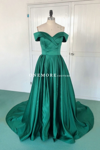 Pleated Emerald Green Satin Prom Dress with Off Shoulder
