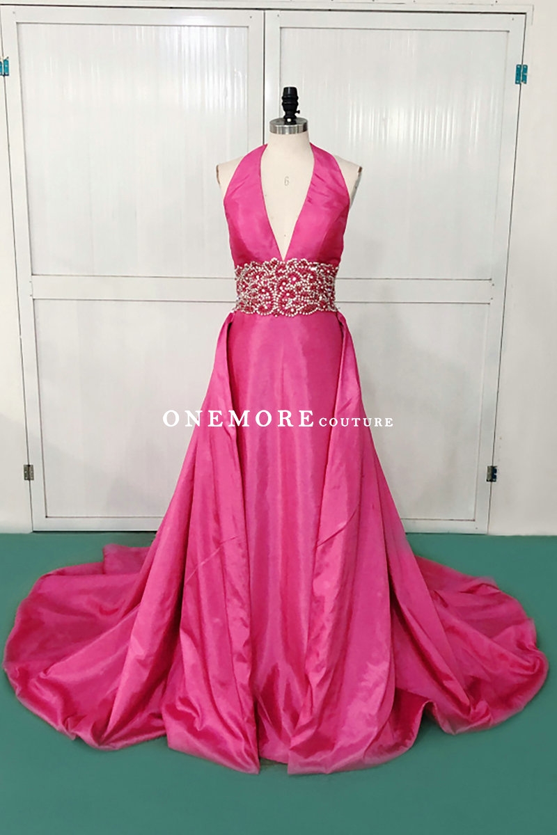 Olive Green High Low Layered Gown With Dark Pink Flowers – www.liandli.in