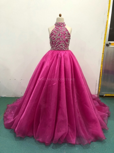 Hot Pink Beaded Halter Neck Organza Pageant Dress for Girl