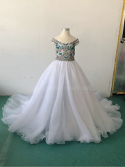 Off Shoulder Beaded White Organza Pageant Dress for Little Girl