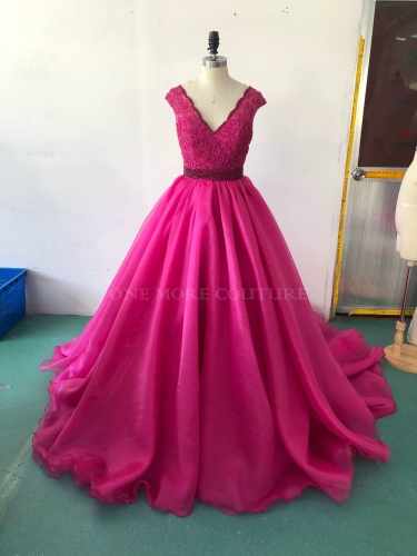 Fuschia Pink V Neck Organza Glitz Pageant Dress for Teen