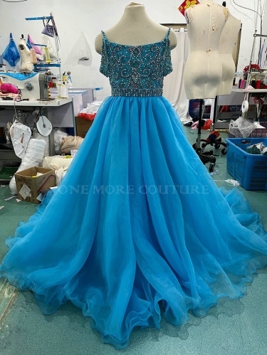Heavily Stoned Teal Blue Organza Pageant Gown for Girl