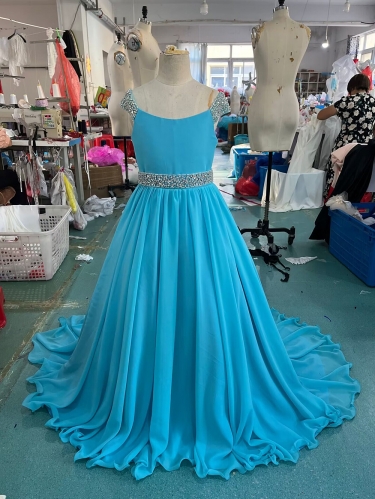 Chiffon Pageant Dress with Beaded Cap Sleeves for Girl