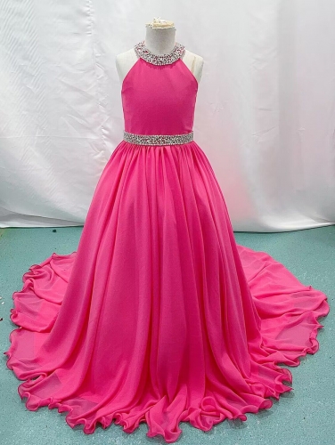 Hot Pink Flowys Chiffon Pageant Dress with Beading
