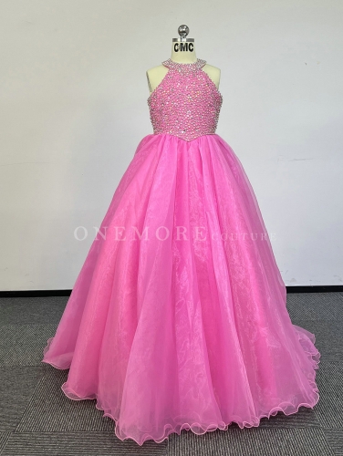 Pink Organza Gown with Beaded Halter Bodice