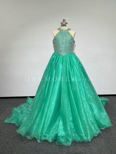 Bright Green Organza Ball gown with Beaded Halter Top