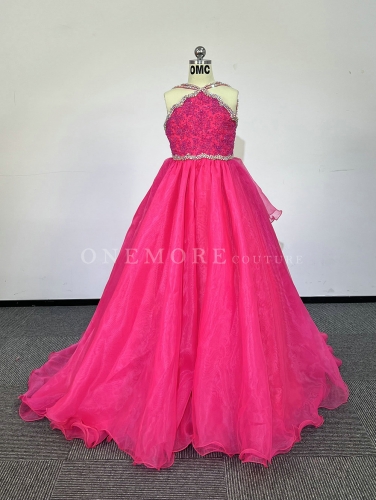 Hot Pink Organza Ball Gown Dress for Pageant Girl