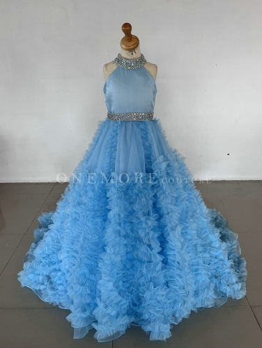 Bright Blue Organza Ball Gown with Ruffled Skirt