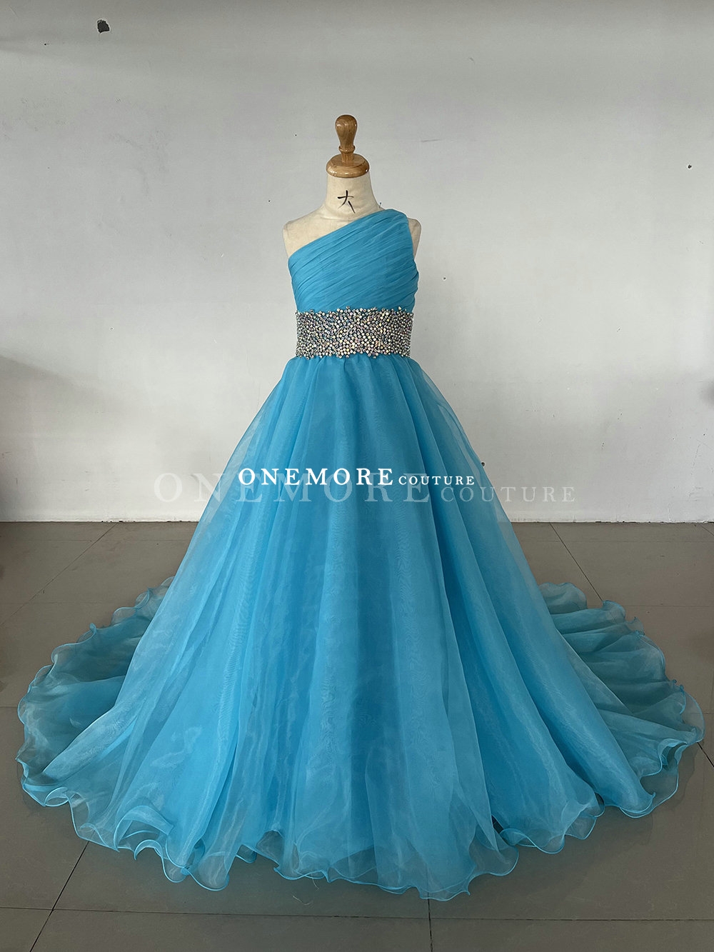 Blue One Shoulder Organza Gown with Fully Stoned Belt,Pageant Gown for Girl