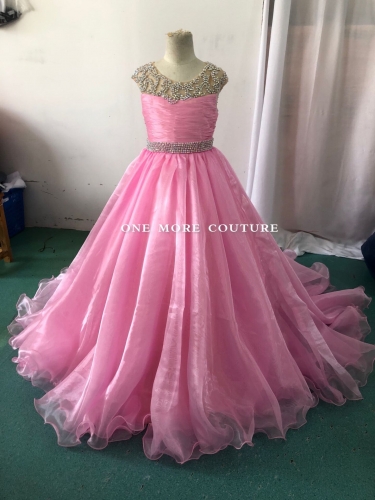Bright Pink Stoned Organza Gown with Sheer Back