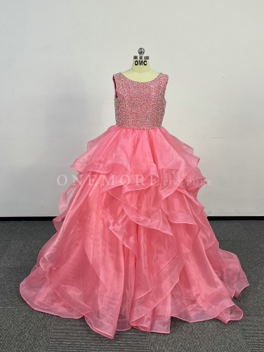 Coral Pink Organza Ball Gown with Fully Beaded Top