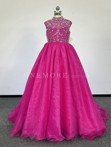 High Neck Fuschia Organza Gown with Beading