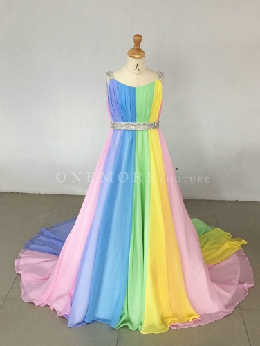 Rainbow Chiffon Dress with Stoned Belt