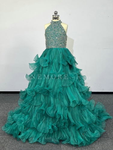Teal Green Pageant Gown with Stoned Top and Ruffled Skirt
