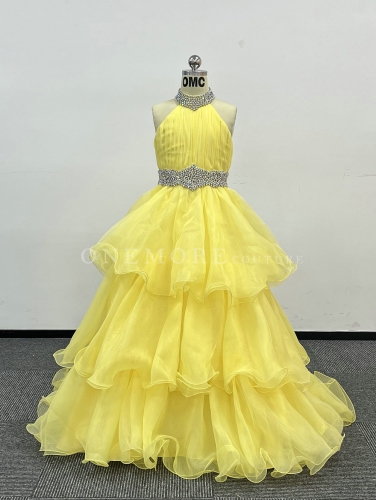 Yellow Organza Ball Gown with Three Layers